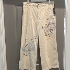 NWT Lauren Ralph Lauren Cream Floral Wide Leg Jeans Size 14